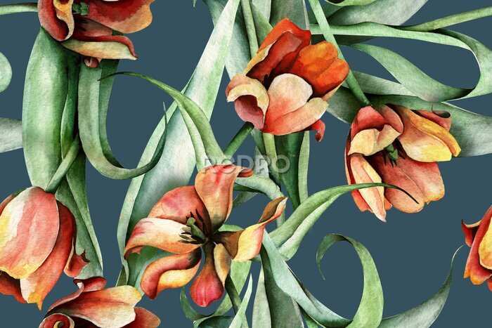Papier peint à motif  Tulipes aquarellées semblant avoir été peintes