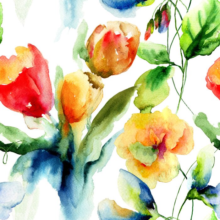 Papier peint à motif  Tulipes aquarelles