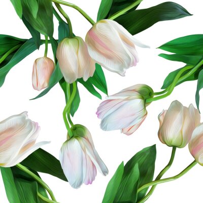 Papier peint à motif  Tulipes blanches avec des feuilles vertes sur un fond blanc