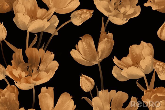 Papier peint à motif  Tulipes vintage en or et noir