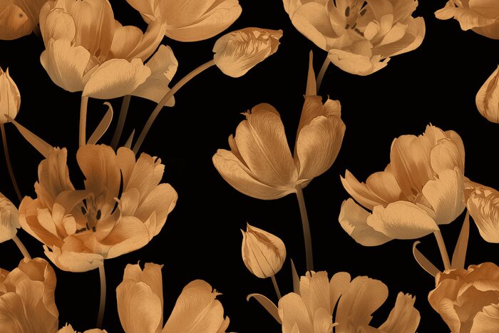 Papier peint à motif  Tulipes vintage en or et noir