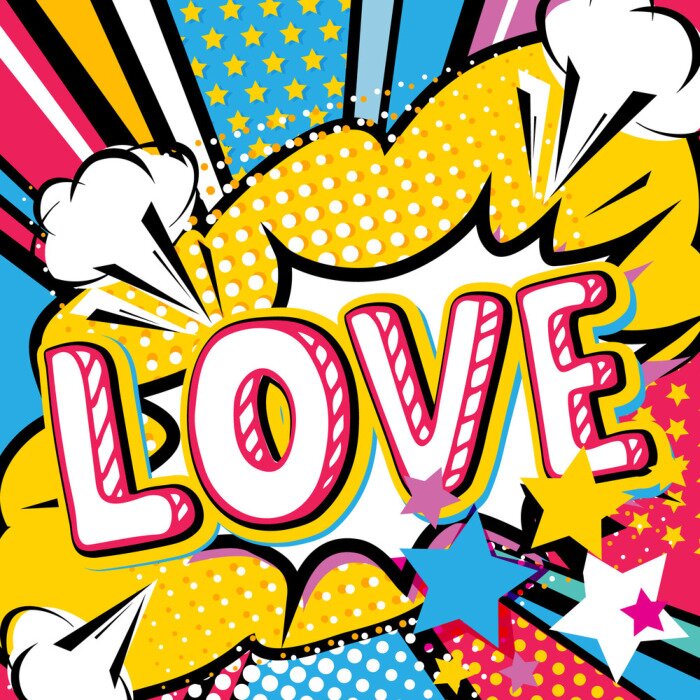 Papier peint à motif  Type de citation d'amour d'art de bruit. Bang, explosion décoratifs demi-teintes affiche template illustration vectorielle.