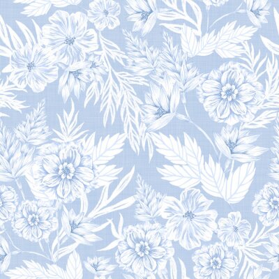 Papier peint à motif  Un jardin bleu avec différentes sortes de fleurs