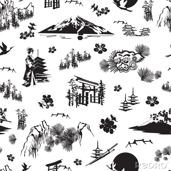 Papier peint à motif  Un modèle sans couture avec des miniatures symbolisant le Japon. Sakura, kimono, pins, Fuji, torii, lanternes et autres.