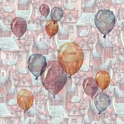 Papier peint à motif  Un modèle sans couture avec une illustration aquarelle de ballons et une vieille ville sur le fond. Toits, maisons en briques européennes et ballons volants - conte de fées romantique.