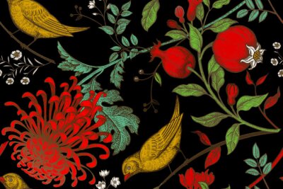 Papier peint à motif  Un motif lumineux avec des oiseaux sur fond noir