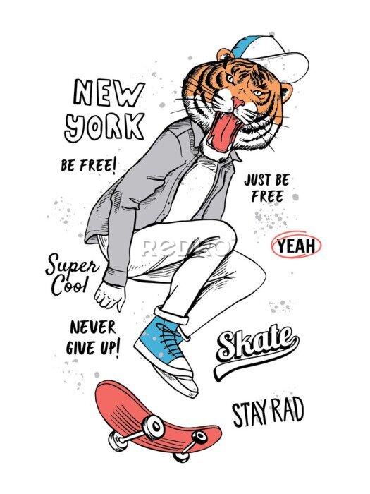 Papier peint à motif  Un tigre sur une planche à roulettes