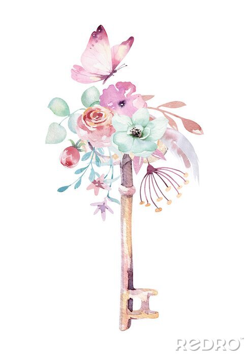 Papier peint à motif  Une clé décorée de fleurs et d'un papillon