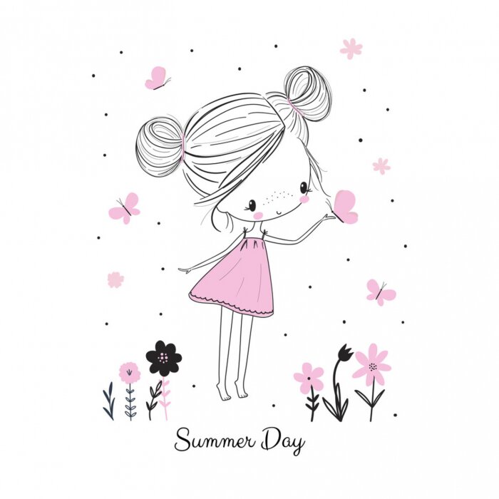 Papier peint à motif  Une fille en robe rose et un papillon volant vers elle