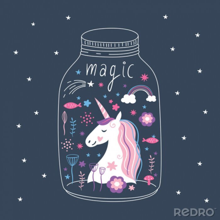 Papier peint à motif  Une licorne souriante enfermée dans un bocal