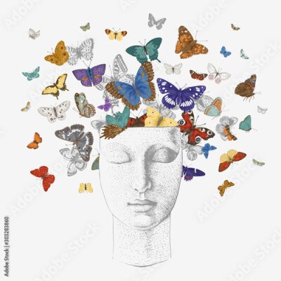 Papier peint à motif  Une tête pleine de papillons