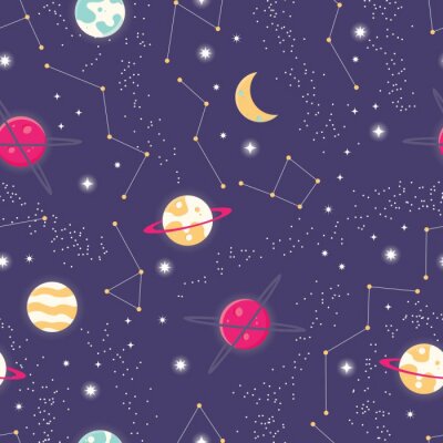 Papier peint à motif  Univers avec motif sans soudure de planètes et étoiles, ciel étoilé de cosmos, illustration vectorielle
