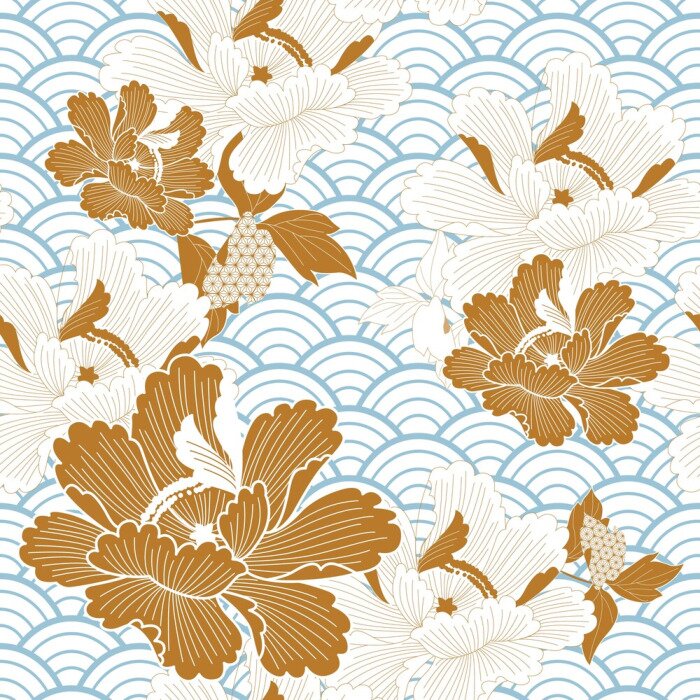 Papier peint à motif  Vague orientale japonaise et fleurs d'oranger