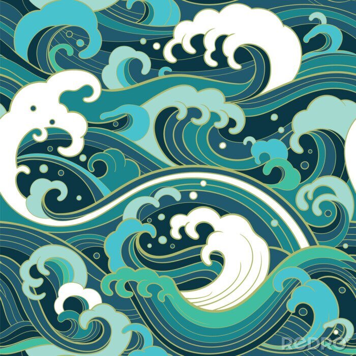 Papier peint à motif  Vagues japonaises aux nuances de la mer