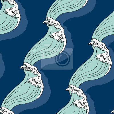 Papier peint à motif  Vagues japonaises bleues et blanches