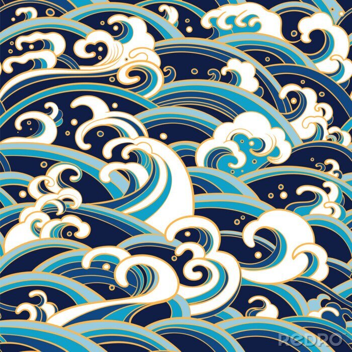 Papier peint à motif  Vagues japonaises graphiques bleues et blanches