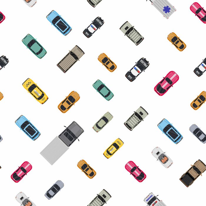 Papier peint à motif  Various vehicles set seamless pattern. Roadster, taxi, police SUV, ambulance, sedan, truck. Car for transportation, cargo and emergency services. Top view. Vector illustration in flat style