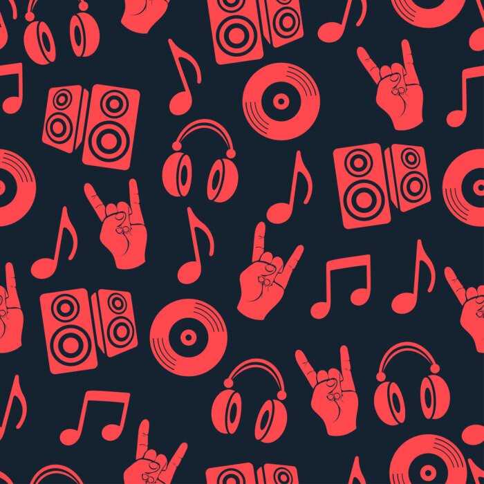 Papier peint à motif  Vecteur de fond musical, accessoires de musique modèle sans soudure. Silhouette, dessin, casque, CD, plaque, haut-parleurs, notes, doigts, geste, chèvre, rouges,