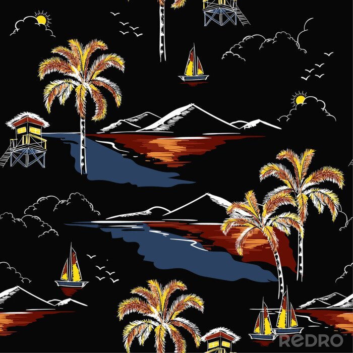 Papier peint à motif  Vecteur de modèle belle île sans couture hawaïenne. Paysage avec palmiers, plage et océan vecteur style dessiné à la main sur fond de couleur noire