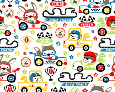 Papier peint à motif  Vecteur de modèle sans couture avec dessin animé de course de voiture
