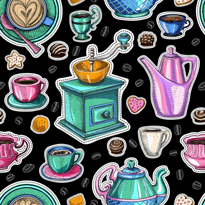 Papier peint à motif  Vecteur de modèle sans couture de café, design d'emballage de café, style de croquis. Café, desserts, thé, petit déjeuner, gâteaux, beignets. tasse, tasse, moulin à café. Vecteur dessiné à la main.