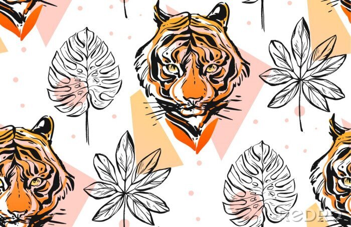 Papier peint à motif  Vecteur dessiné à la main abstraite modèle sans couture créative avec l'illustration de visage de tigre et les feuilles de palmier tropical exotique dans des couleurs pastel isolé sur fond blanc. Conc