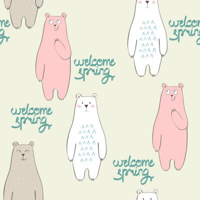 Papier peint à motif  Vecteur mignon modèle sans soudure avec ours de bande dessinée. Accueillir le printemps.