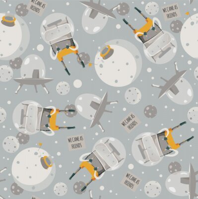 Papier peint à motif  Vecteur, mignon, seamless, Illustration, beau, aliens, espace, bateau, peu, planète Couleurs gris et jaune. Modèle enfantin gentil, bon pour la conception créative de papier d'emballage.