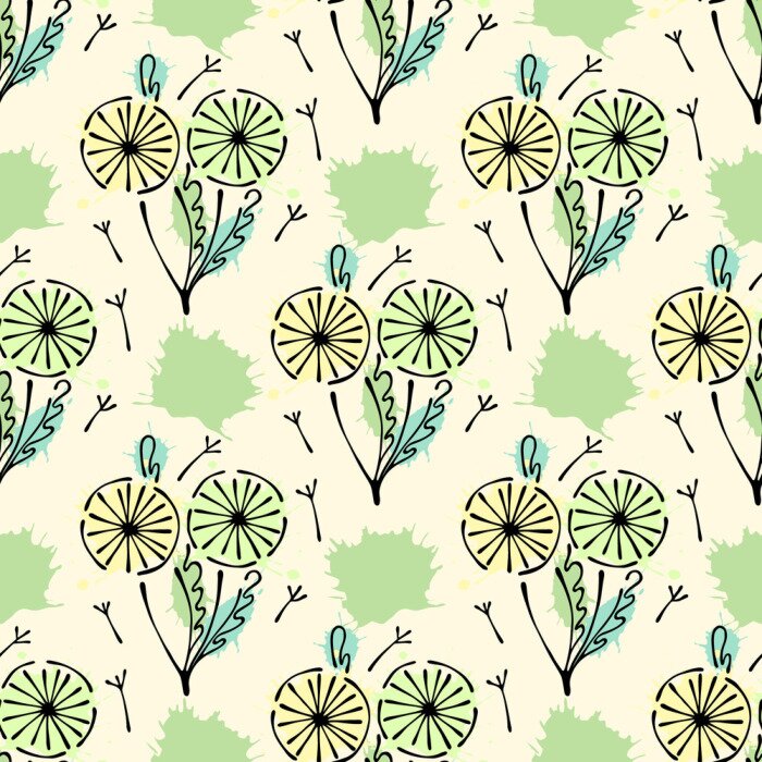 Papier peint à motif  Vecteur modèle floral sans soudure avec des fleurs, feuilles, éléments décoratifs, éclaboussures, taches, goutte Dessiné les lignes de contour et les coups dessiné