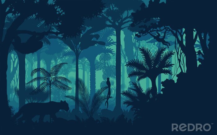 Papier peint à motif  Vecteur, nuit, tropical, forêt tropicale jungle, fond, jaguar, paresseux, singe, qetzal