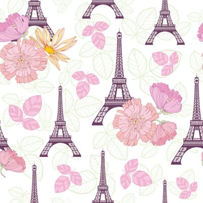 Papier peint à motif  Vecteur printemps Purple Rose Eifel Tower Paris et Roses Fleurs Seamless Pattern répétition entourée de Saint Valentin coeurs d'amour. Parfait pour les cartes postales sur le thème du voyage, cartes d