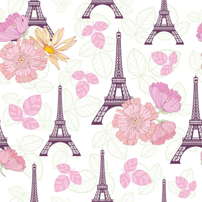 Papier peint à motif  Vecteur printemps Purple Rose Eifel Tower Paris et Roses Fleurs Seamless Pattern répétition entourée de Saint Valentin coeurs d'amour. Parfait pour les cartes postales sur le thème du voyage, cartes d