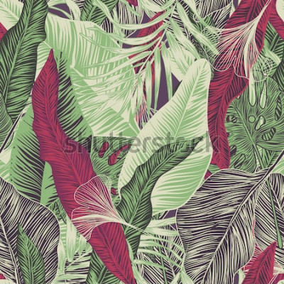 Papier peint à motif  Vecteur, sans couture, tropical, exotique, branché, élégant, branché, motif de plantes exotiques, tropicales et nuances de vert. applicable dans les impressions publicitaires, l'impression.
