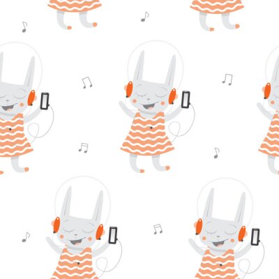 Papier peint à motif  Vecteur, seamless, modèle, dessin animé, lapins, Écoute, musique, blanc, fond