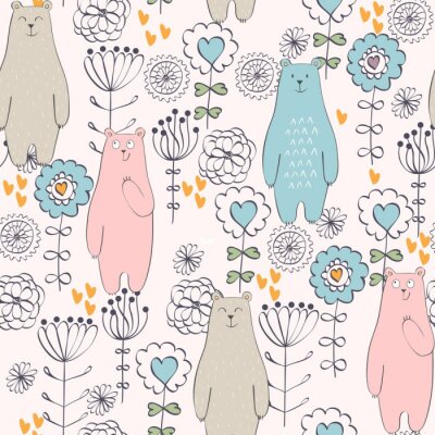 Papier peint à motif  Vecteur, seamless, modèle, ours, fleurs