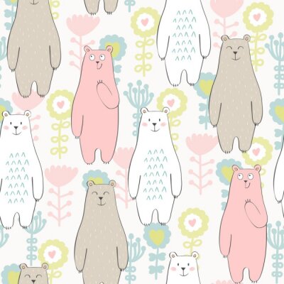 Papier peint à motif  Vecteur, seamless, modèle, ours, fleurs