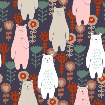 Papier peint à motif  Vecteur, seamless, modèle, ours, fleurs