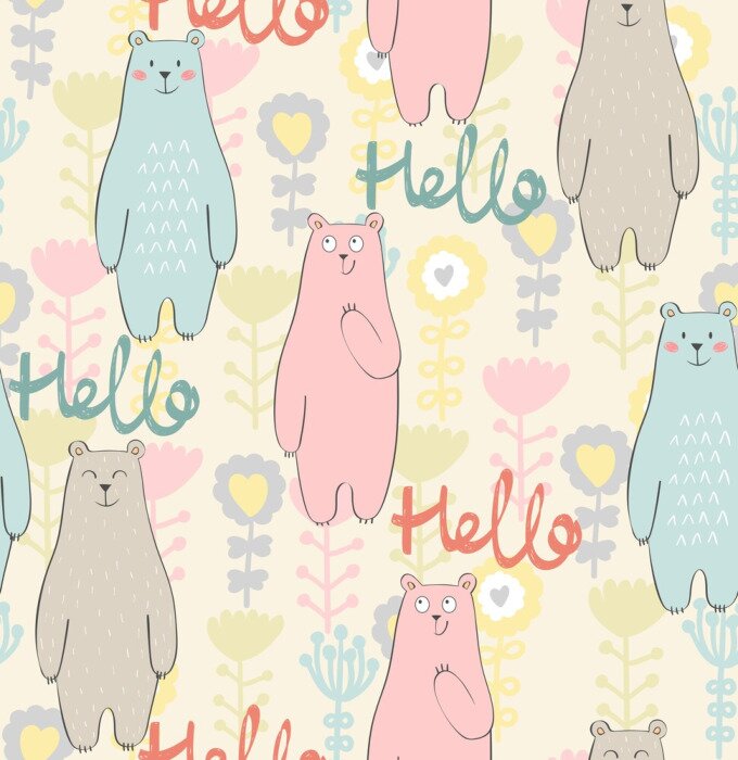 Papier peint à motif  Vecteur, seamless, modèle, ours, fleurs