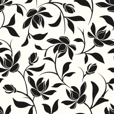 Papier peint à motif  Vecteur, seamless, noir, blanc, floral, modèle, magnolia, fleurs, feuilles