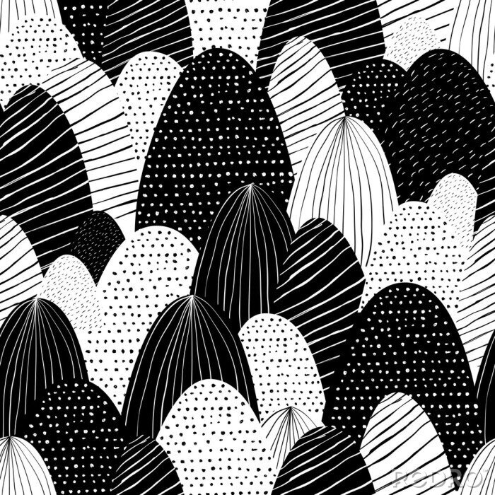 Papier peint à motif  Vecteur transparente doodle fond avec des montagnes texturées abstraites. Illustration de la nature créative. Paysage blanc noir dessiné à la main.