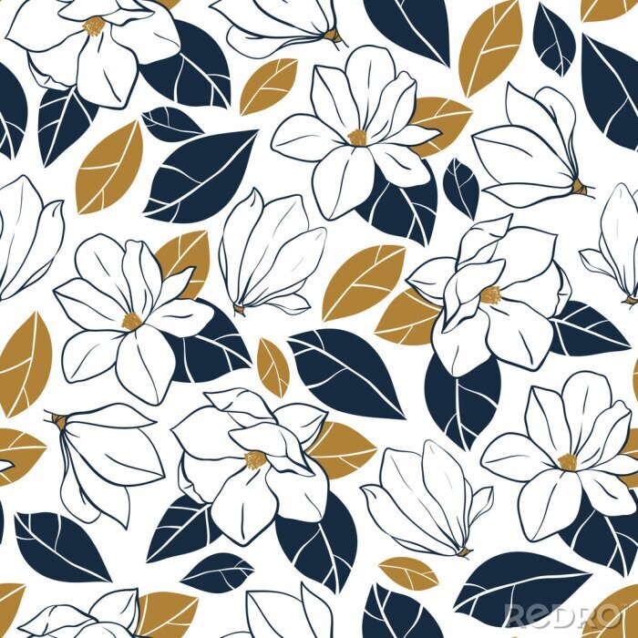 Papier peint à motif  Vector à la mode un motif sans couture avec des éléments botaniques. Magnolia fleurs, bourgeons et feuilles en bleu profond et couleurs moutarde.