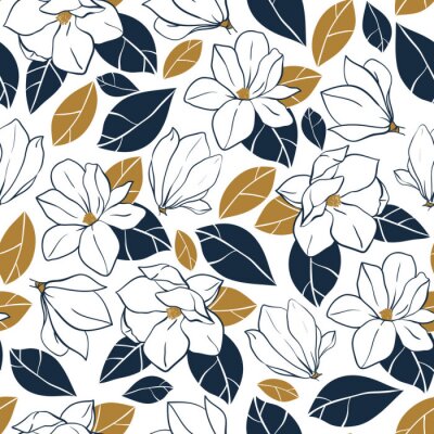 Papier peint à motif  Vector à la mode un motif sans couture avec des éléments botaniques. Magnolia fleurs, bourgeons et feuilles en bleu profond et couleurs moutarde.