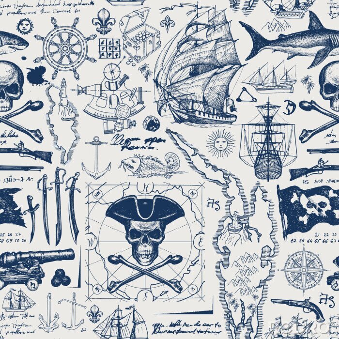 Papier peint à motif  Vector abstract seamless pattern with skull, crossbones, pirate flag, swords, guns, caravels, old map and other nautical symbols. Vintage background with hand-drawn sketches, ink blots and stains