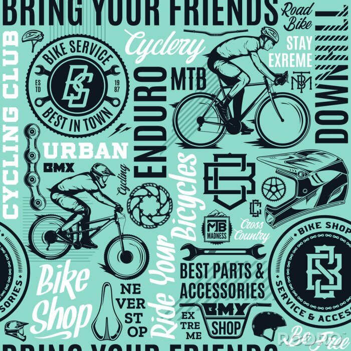 Papier peint à motif  Vector bicycle seamless pattern or background in black, teal and white colors. Bike shop, club and service badges, mountain and road biking icons and design elements