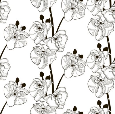 Papier peint à motif  Vector Black Seamless Pattern avec des fleurs d'orchidées dessinées