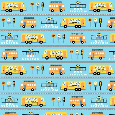 vector cartoon pattern with buses, bus station