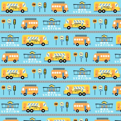 Papier peint à motif  vector cartoon pattern with buses, bus station