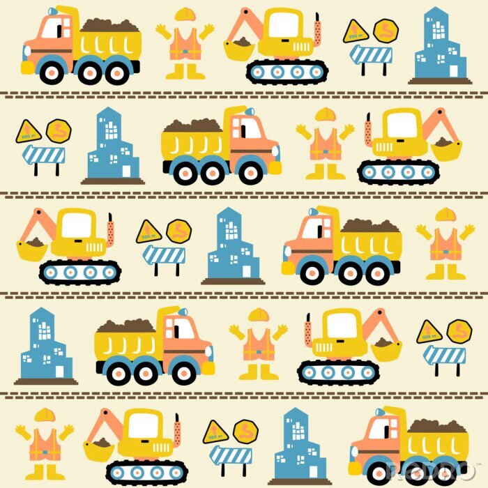 Papier peint à motif  vector cartoon seamless pattern with construction vehicles, construction signs, worker uniform, buildings.