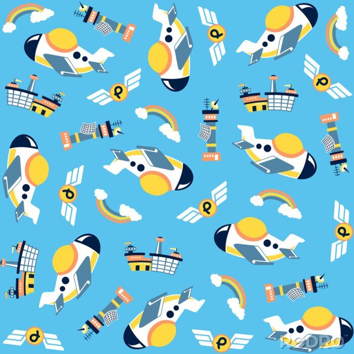 Papier peint à motif  vector cartoon seamless pattern with plane, airport control tower, wings logo, cloud, rainbow on blue background.