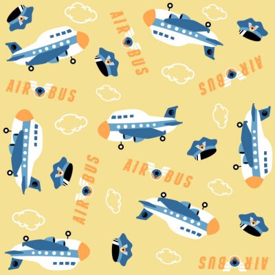 vector cartoon seamless pattern with plane, pilot hat, clouds